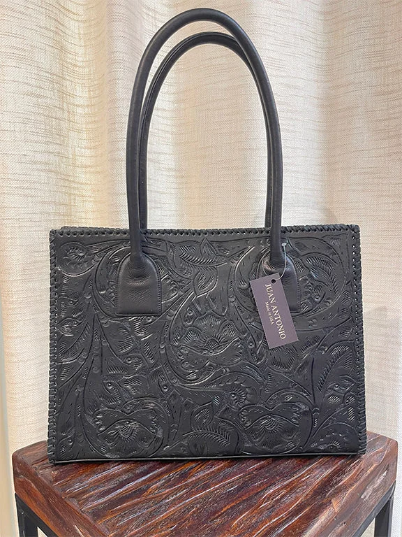 Juan Antonio Black Floral Embossed Leather Tote