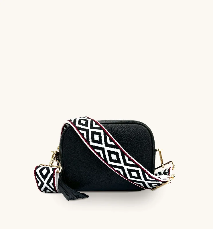 The Tassel Black Leather Crossbody Bag With Black & Red Aztec Strap