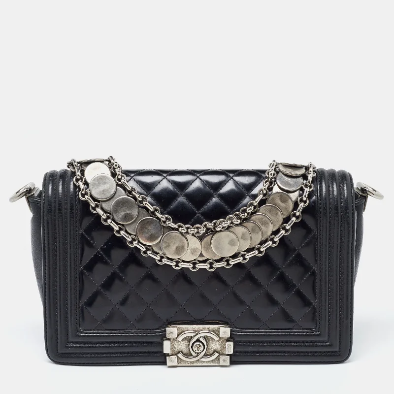 Chanel Black Quilted Patent Leather Medium Boy Bag