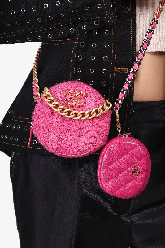 Pre-Loved Chanel™ 2019-20 Fuchsia Tweed 19 Round Clutch with Coin Purse