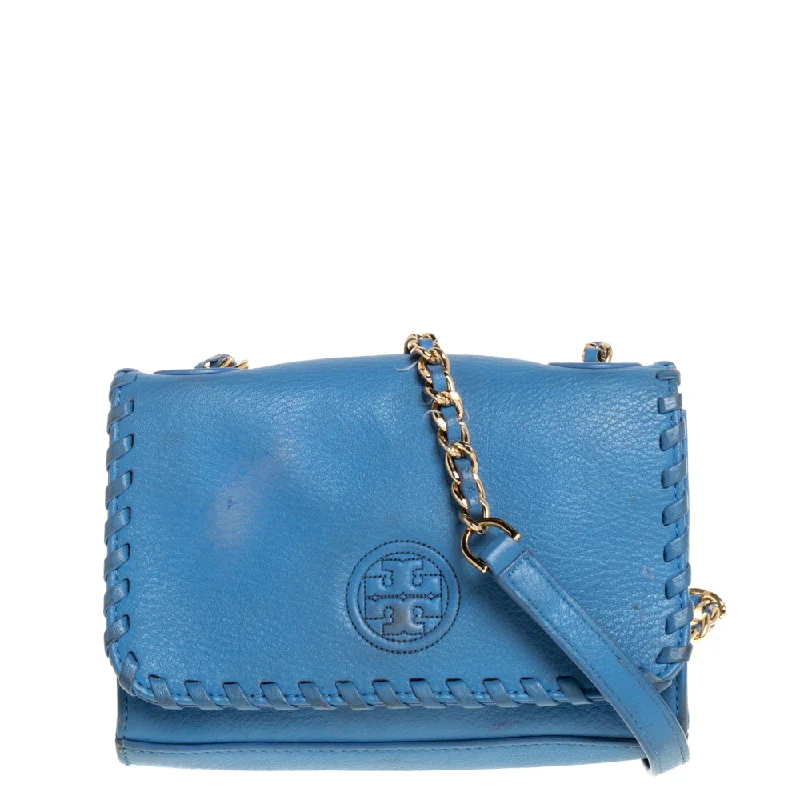 Tory Burch Blue Leather Mini Marion Shrunken Shoulder Bag