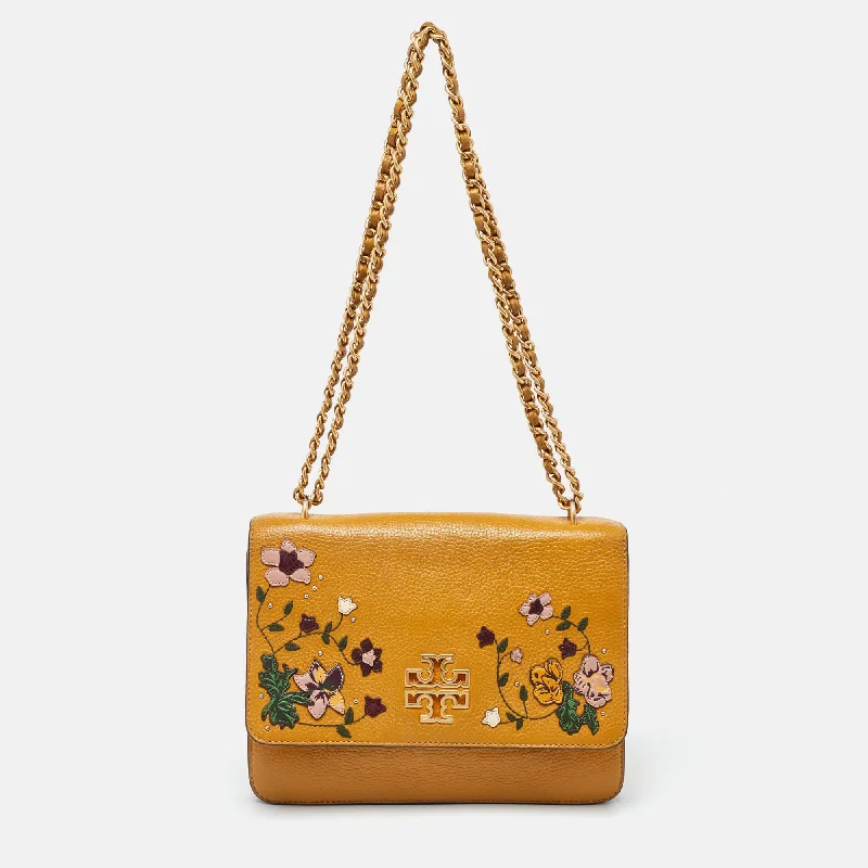 Tory Burch Mustard Leather Britten Floral Applique Flap Bag