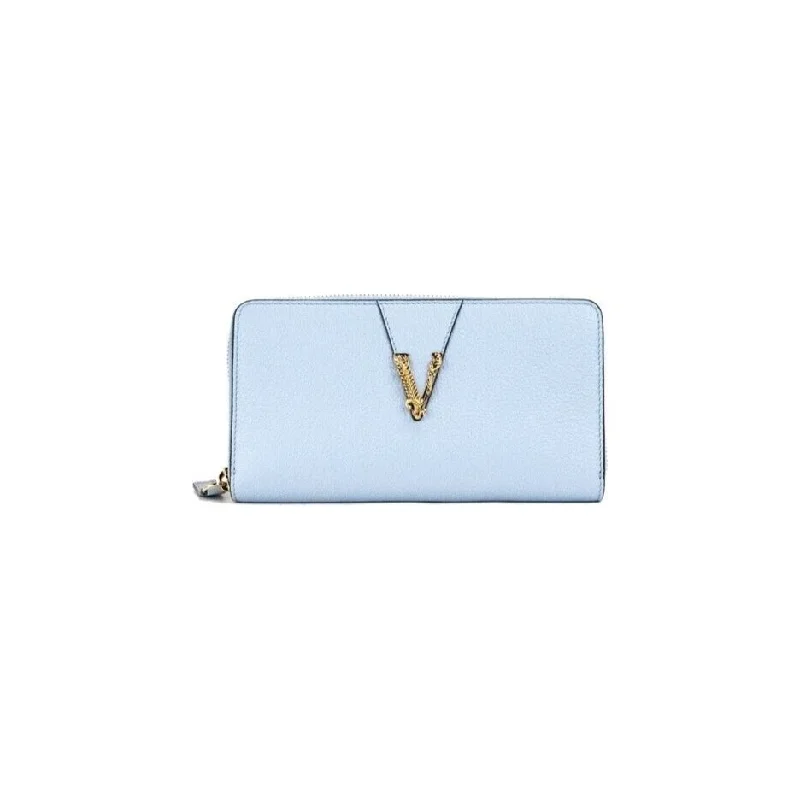 Versace Large Cornflower Grainy Leather Gold Monogram Zip Around Clutch Wallet