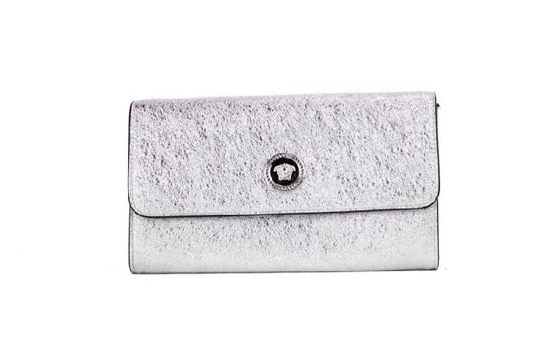 Versace Small Metallic Silver Lamb Leather Medusa Clutch Crossbody Wallet Bag