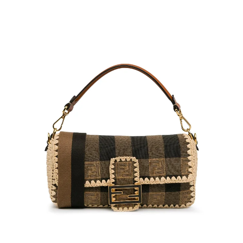 Fendi Pequin Gingham Canvas And Raffia Baguette Satchel (SHG-mQy3HF)